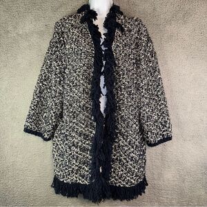 Lane Bryant Sweater Womens 22 Navy White Fringe Ankara Woven Open Front Cardigan